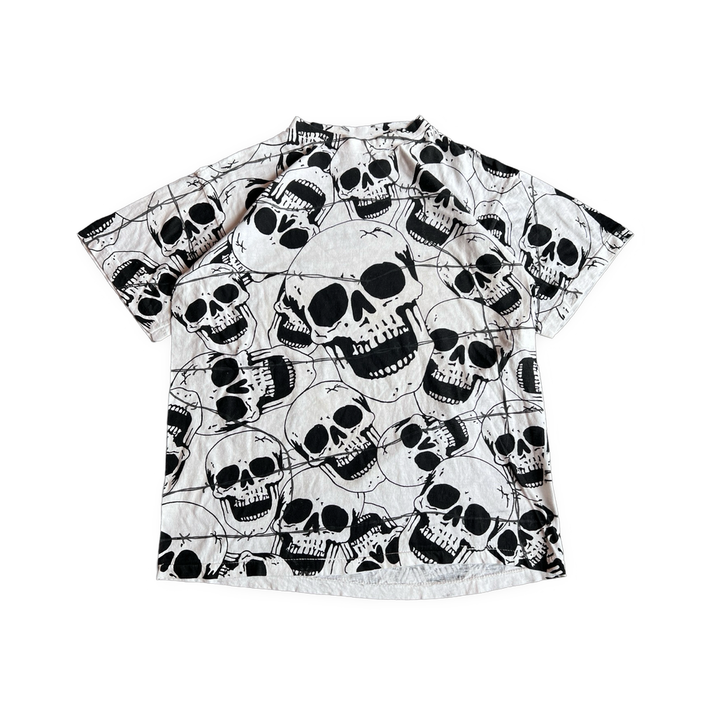 90s All Over Print Skeleton Barbwire T-Shirt White Black