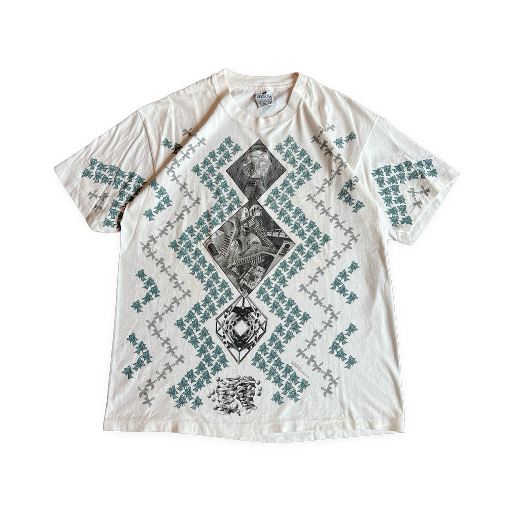 90s MC Escher Green Grey Fish All Over Print Tee White