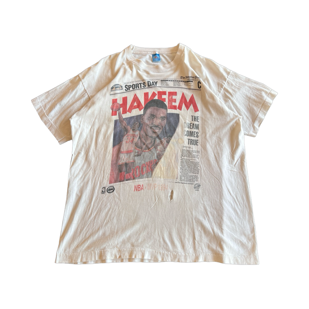 90s Hakeem MVP Houston Rockets Newspaper T-Shirt White Distressed