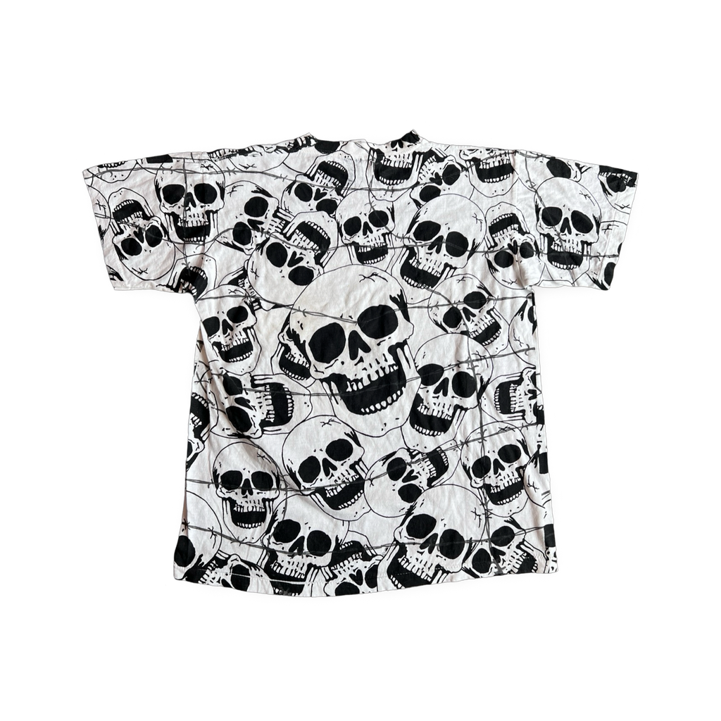 90s All Over Print Skeleton Barbwire T-Shirt White Black