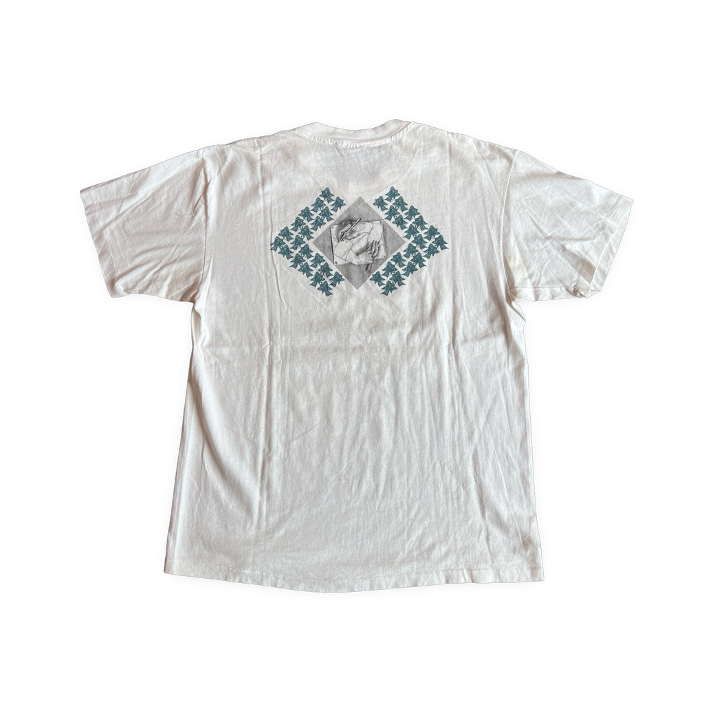 90s MC Escher Green Grey Fish All Over Print Tee White