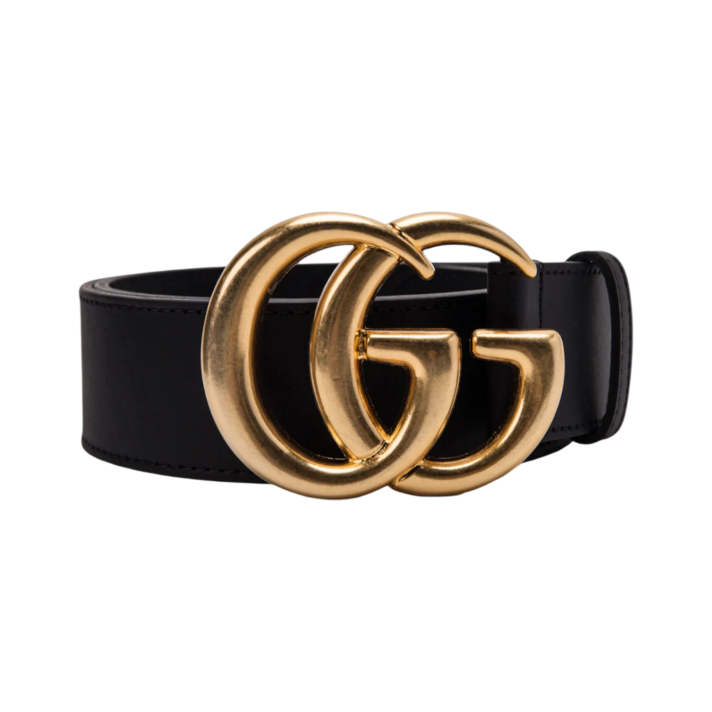 Gucci Double G Wide Leather Belt Antique Brass Buckle 1.5 Width Black