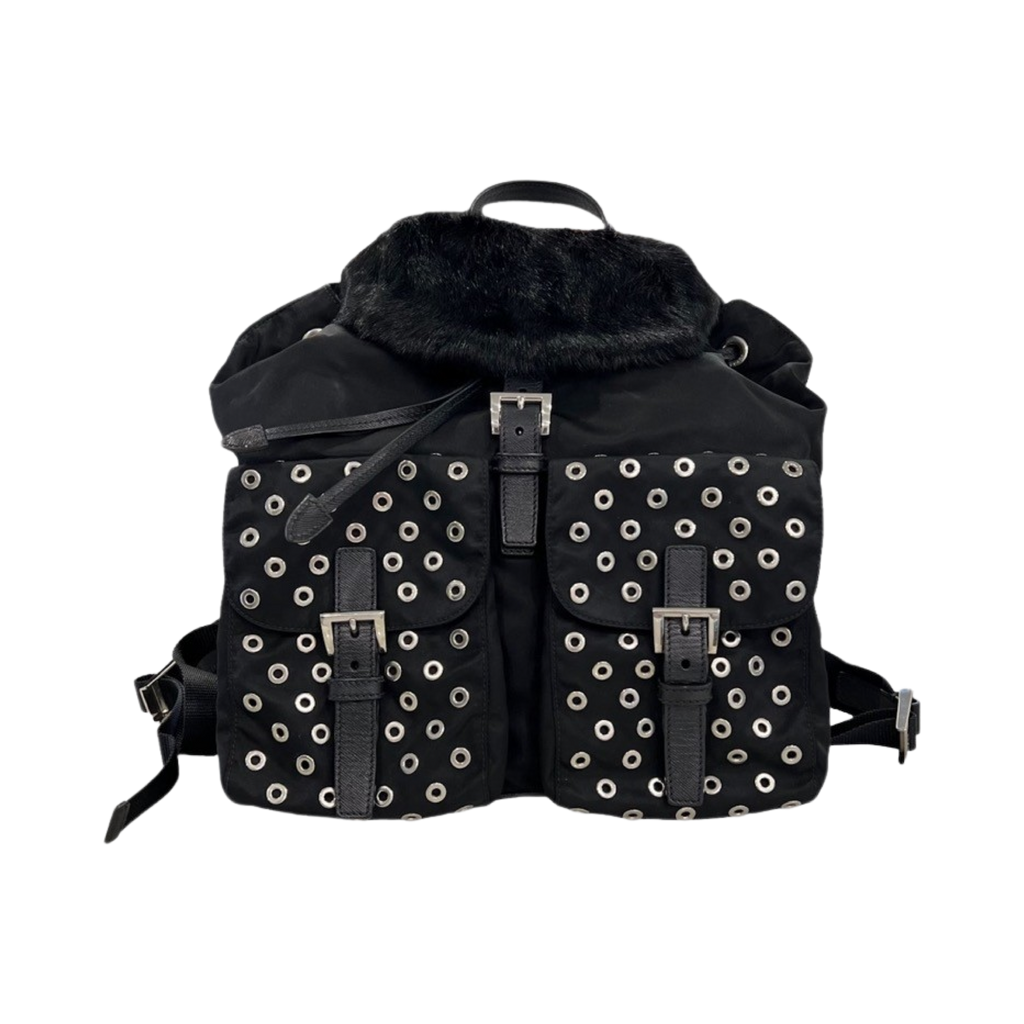 Prada Studded Tessuto Fur Backpack Black