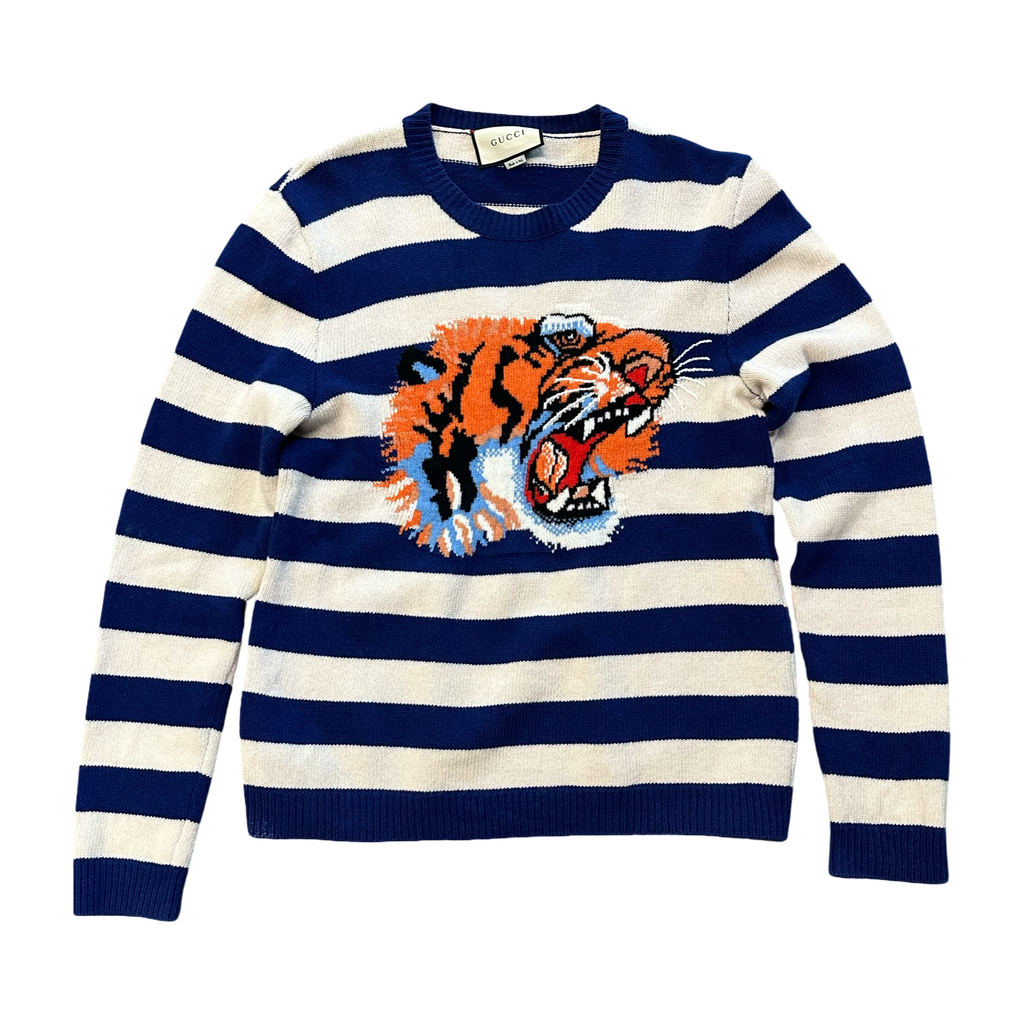 Gucci Tiger Head Crew Neck Border Knit Wool Sweater Blue White