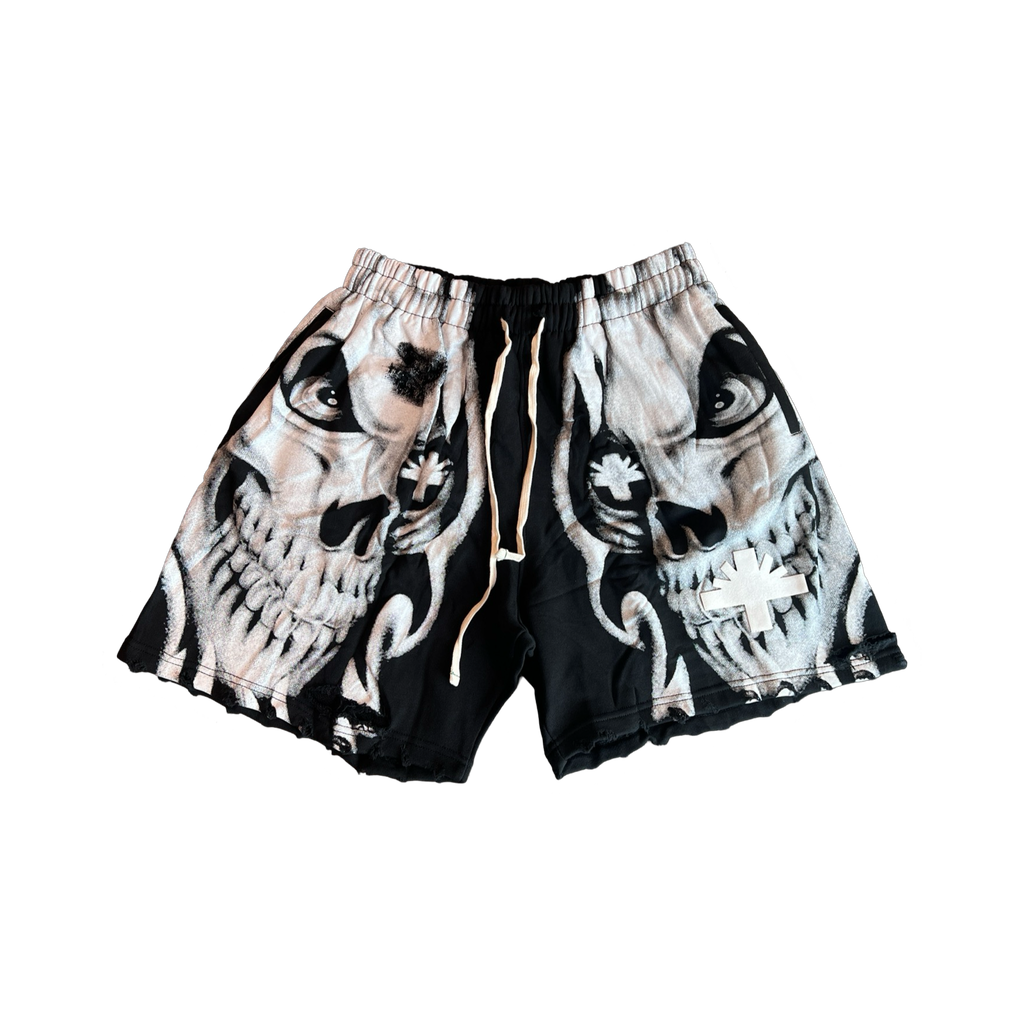 Vertabrae Skull Storm Distressed Shorts Black