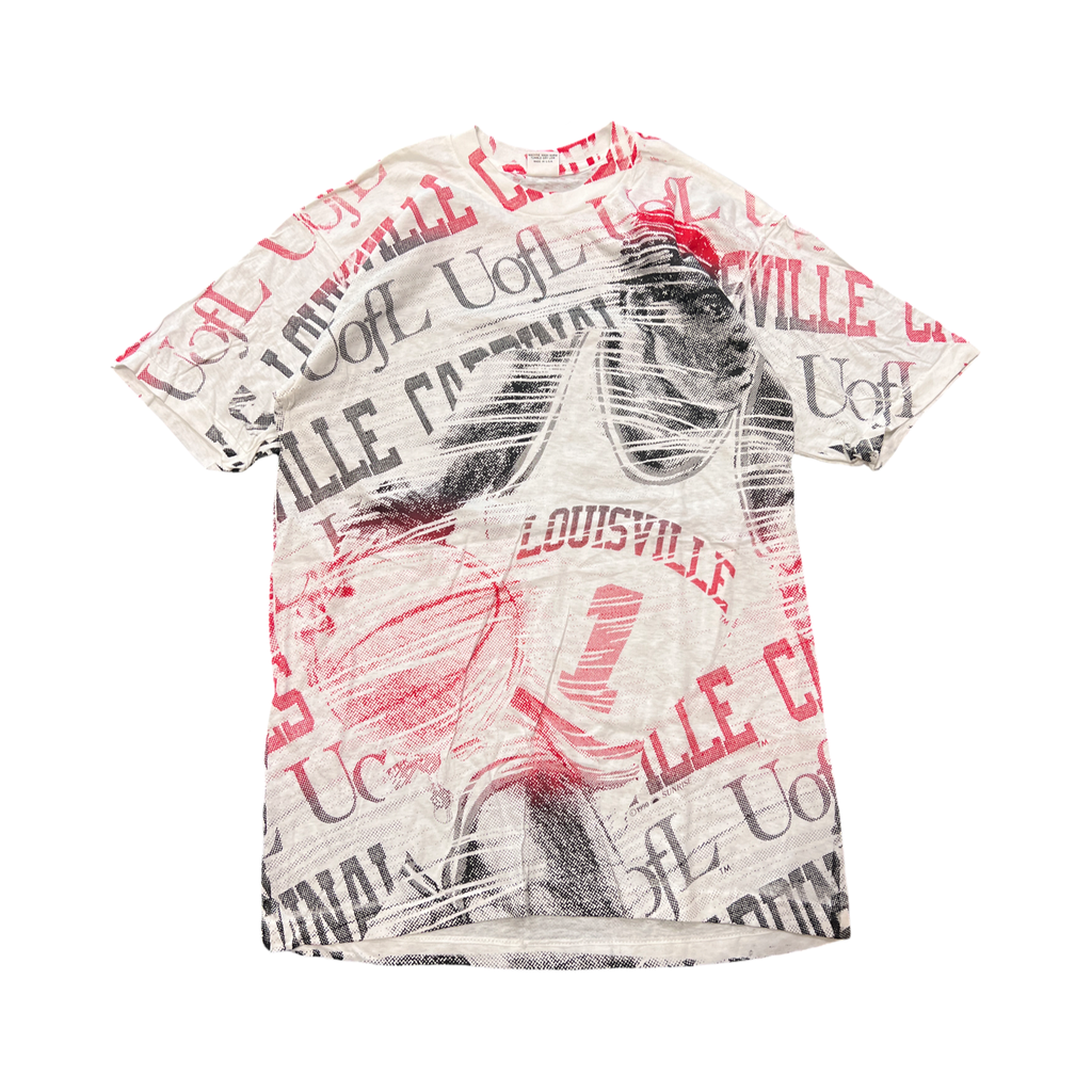 90s U of Louisville Basketball AOP T-Shirt White Red