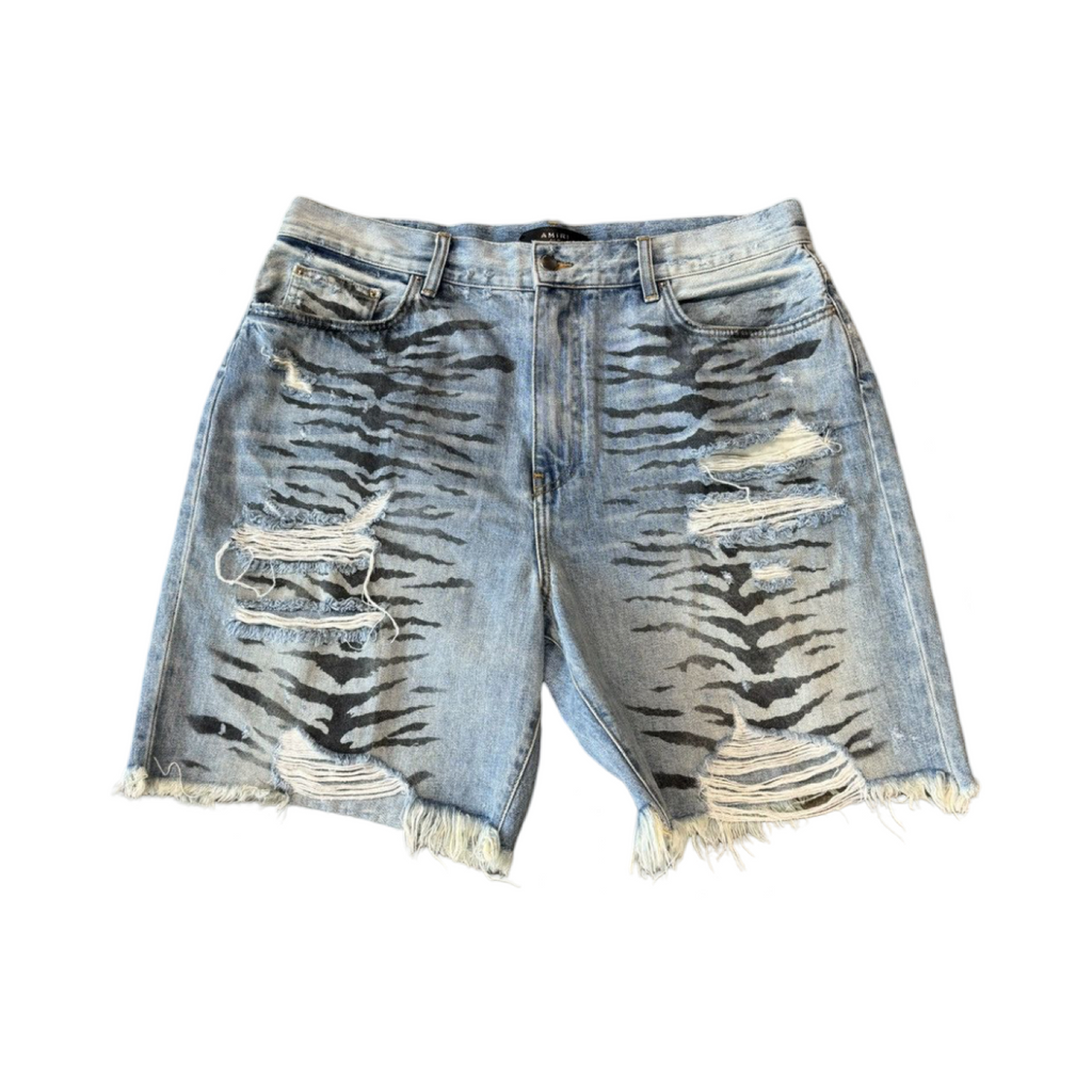 Amiri Tiger Jean Shorts Blue