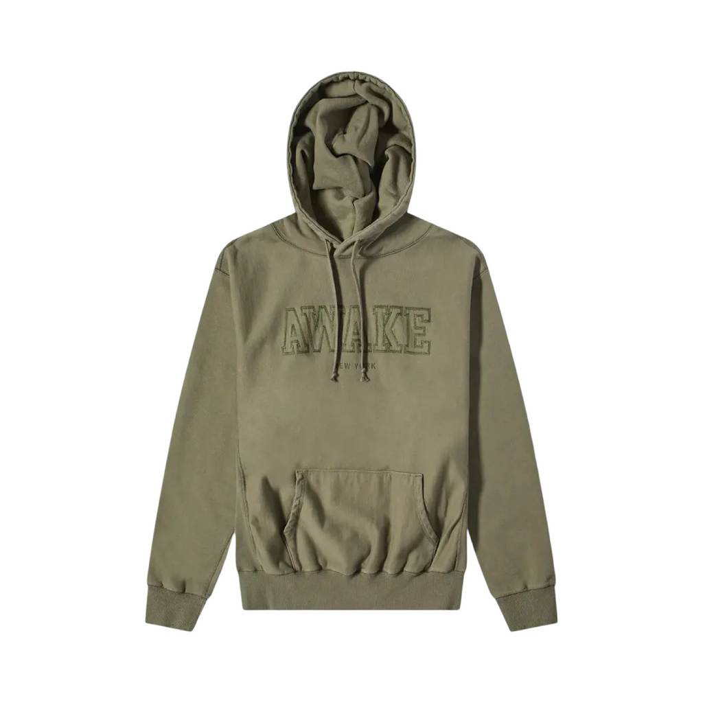 Awake NY Embroidered Brushed Cotton Hoodie Khaki Green