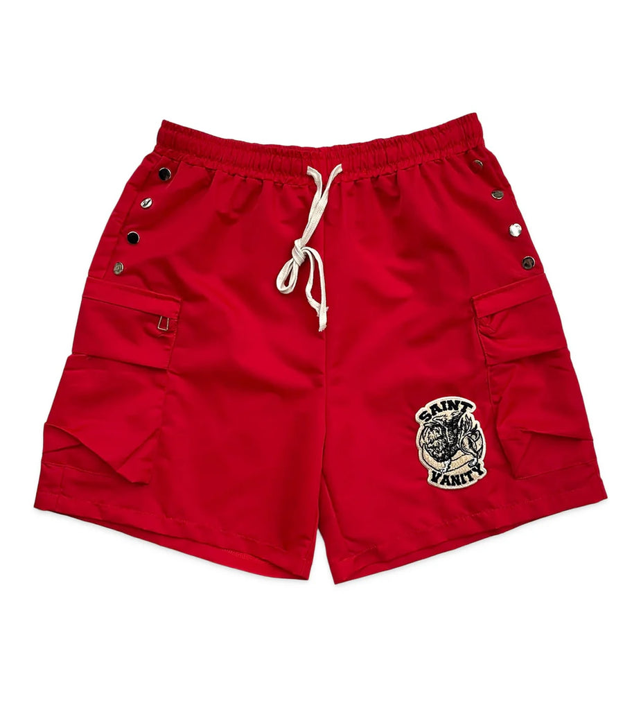 Saint Vanity Nylon Cargo Logo Button Shorts Red